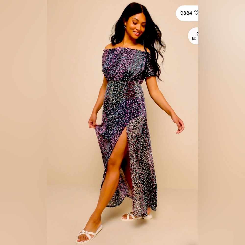 Lulus Neva Navy Blue Floral Print Off-the-Shoulder Maxi Dress Size Small